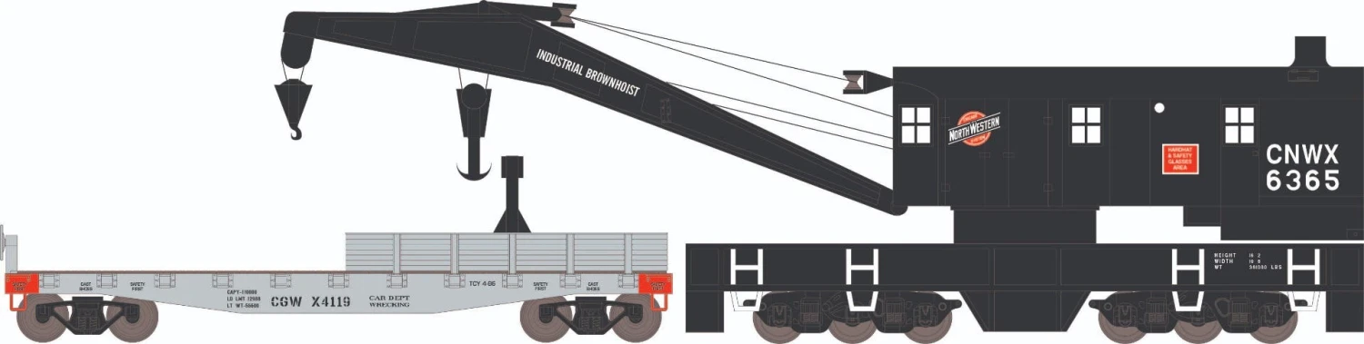 Athearn 75426 HO 200-Ton Crane And Boom Car Chicago And North Western #6365 / #X4119
