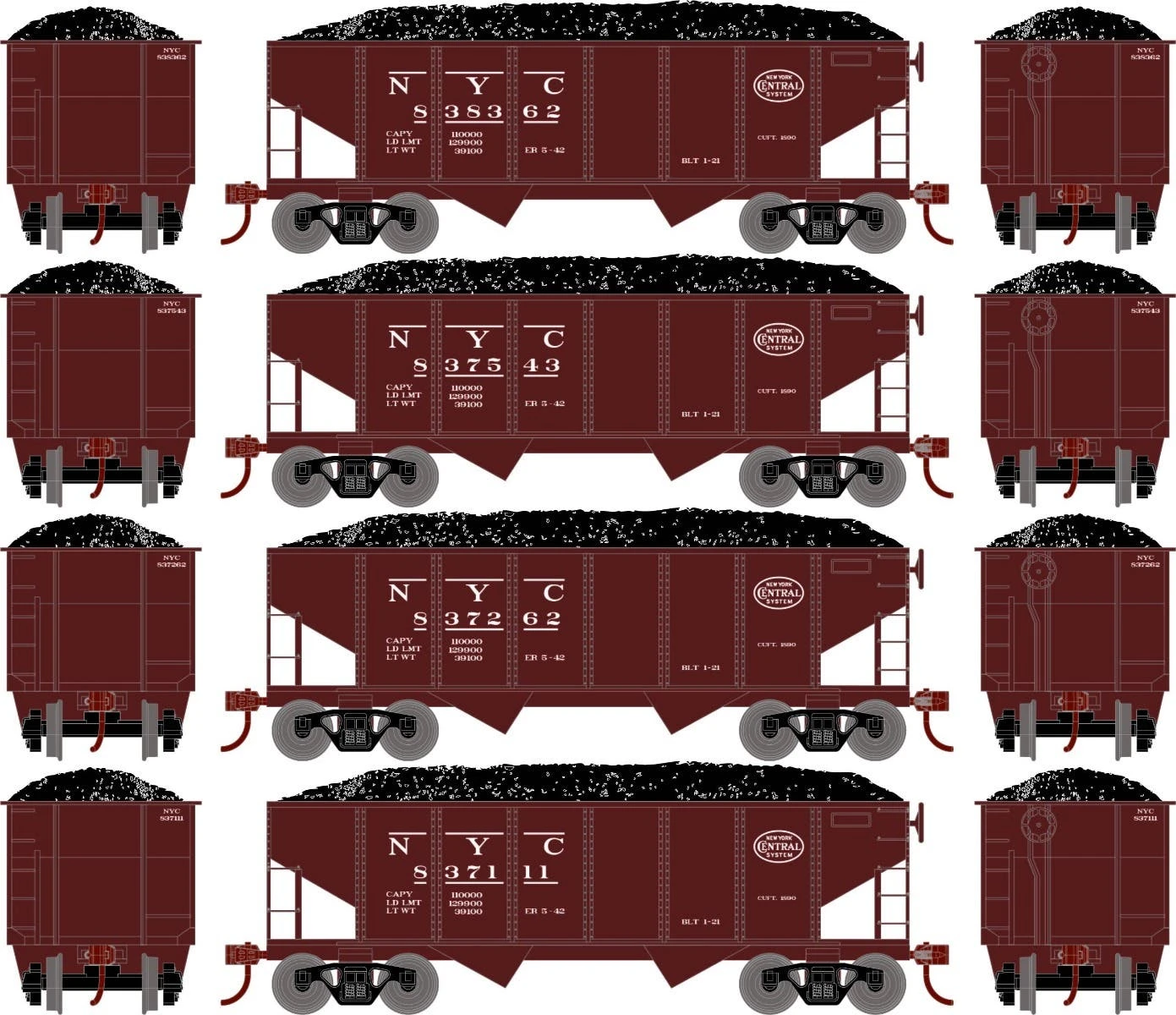 Athearn RoundHouse 50011 HO 34ft 2-Bay Ribbed Side Hopper New York Central 4 Pack