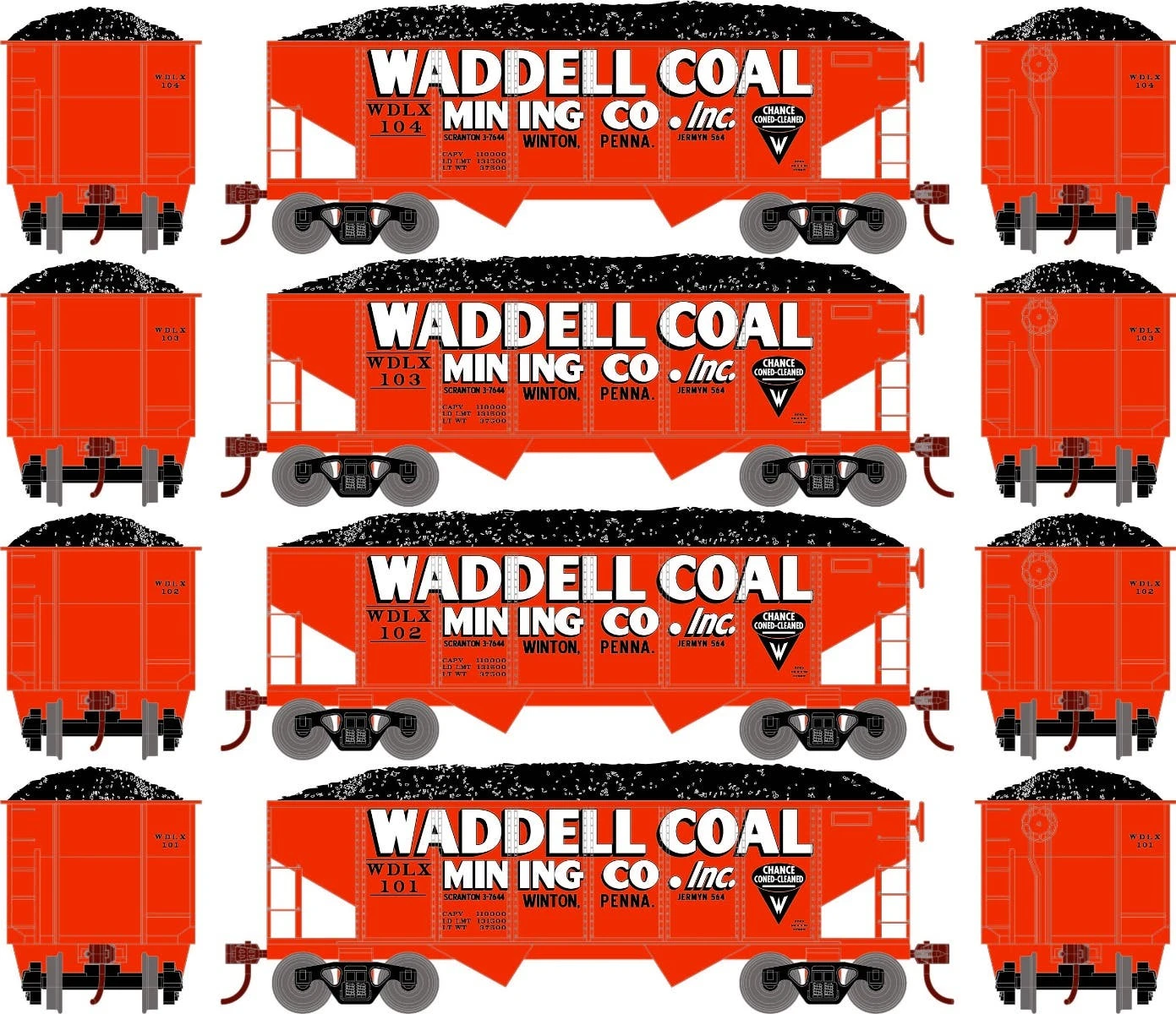 Athearn RoundHouse 50020 HO 34ft 2-Bay Ribbed Side Hopper Waddell / NYO&W 4 Pack