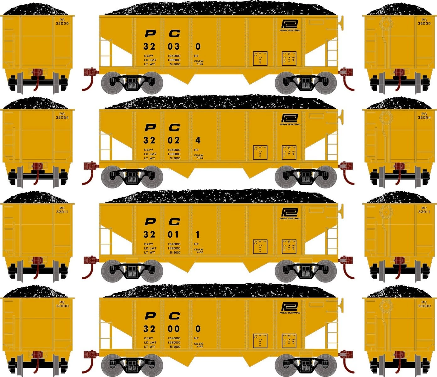 Athearn RoundHouse 50021 HO 34ft 2-Bay Ribbed Side Hopper Penn Central 4 Pack